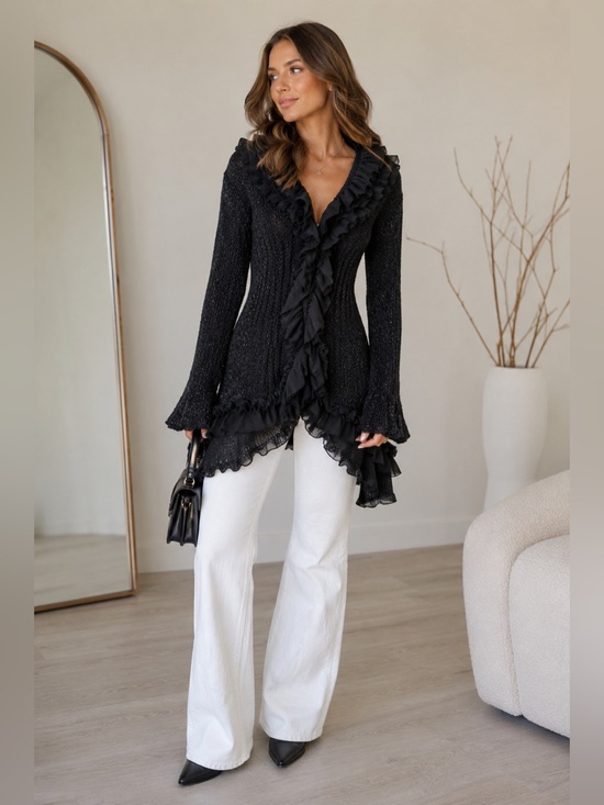 Pretty Angel Sweaters - Pretty Angel Black Ruffle Trim Long Cardigan Sweater